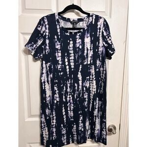 Ellen Tracy T-Shirt Dress L Tie Dye Navy Blue Pockets Stretch Pima Cotton